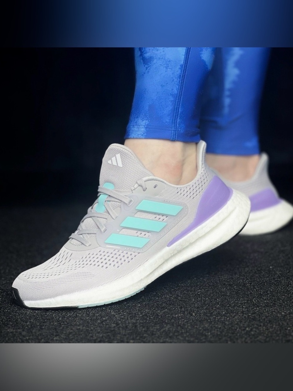 adidas Women's Light Gray Running Shoes with Aqua Stripes and Purple Heel Accent